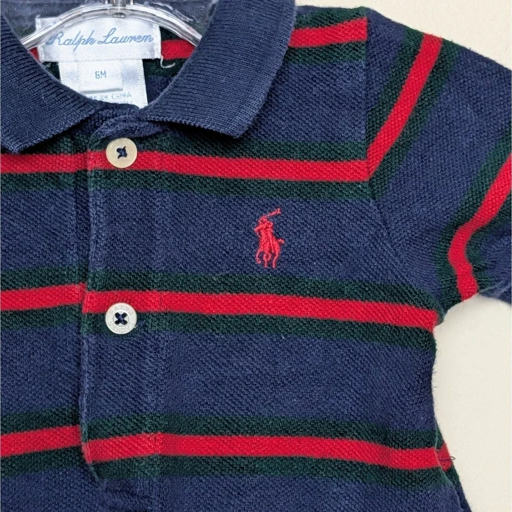 Polo Ralph Lauren Coverall Red Blue Stripe Rugby‎ One Piece Long Sleeve 6 Months
